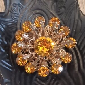 Vintage Amber Rhinestone Gold Brooch